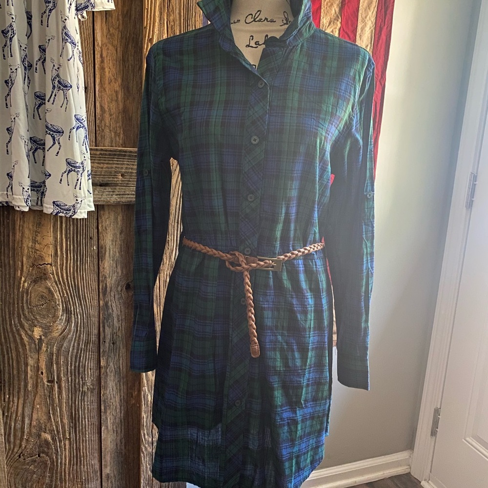 Brand New green/blue plaid shirt dress with belt